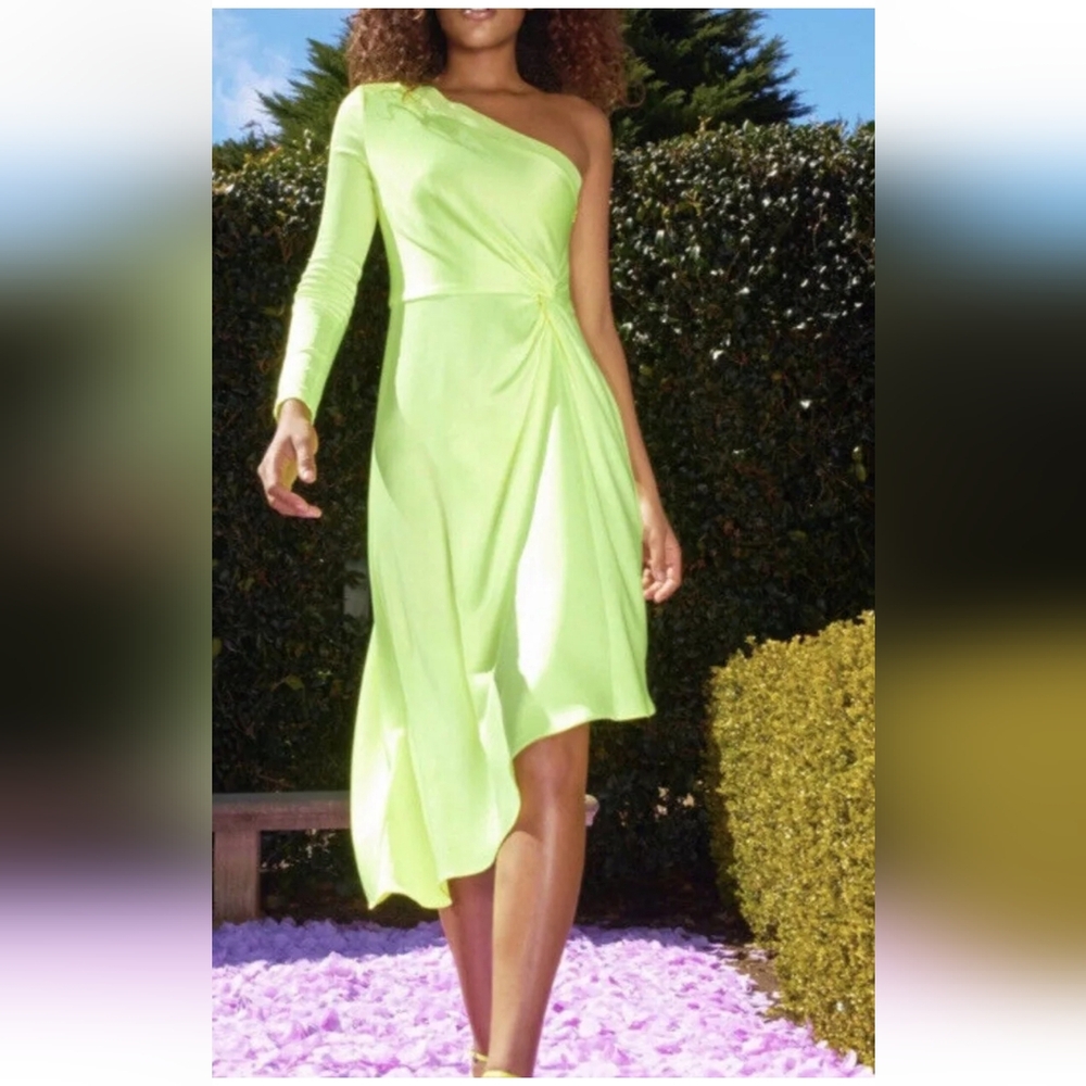 ALICE + OLIVIA Dora One-Shoulder Asymmetrical Yellow Neon Dress Size 6 - Picture 9 of 16